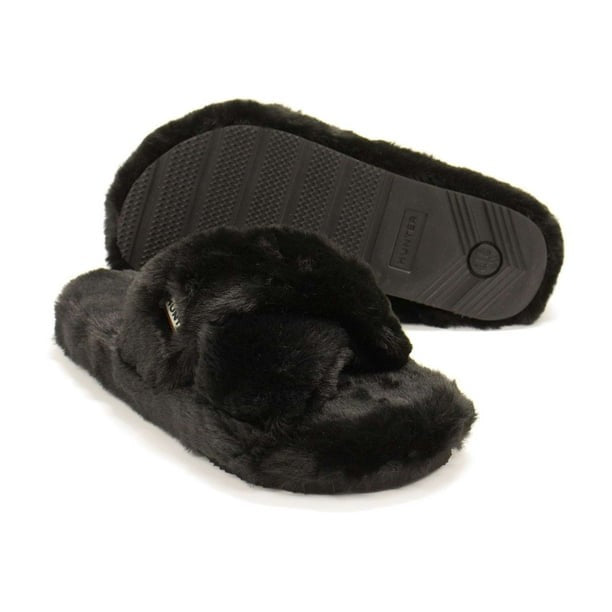 Hunter Faux Fur Flatform Crossover Black Womens Slides Slippers WFD4034FFF-BLK